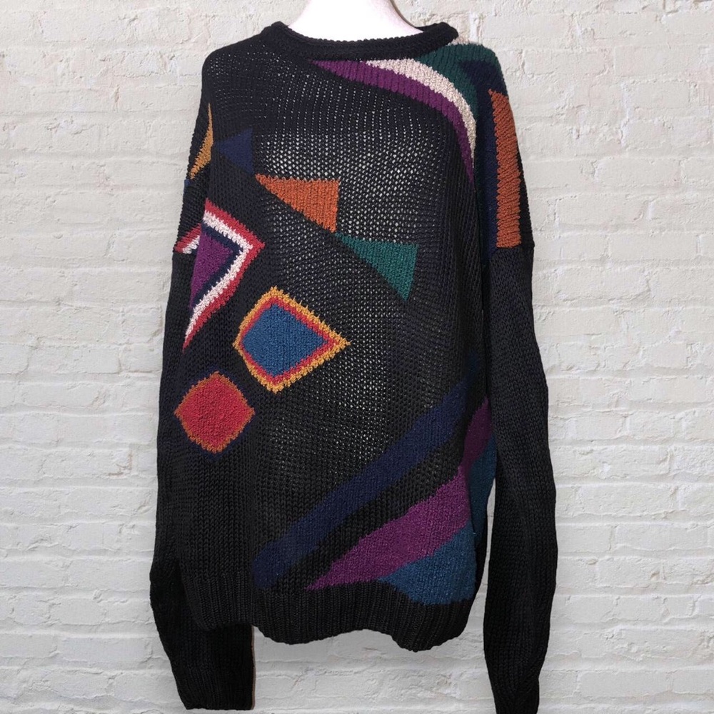 Black Multicolor Colorblock Pattern Vintage Sweater